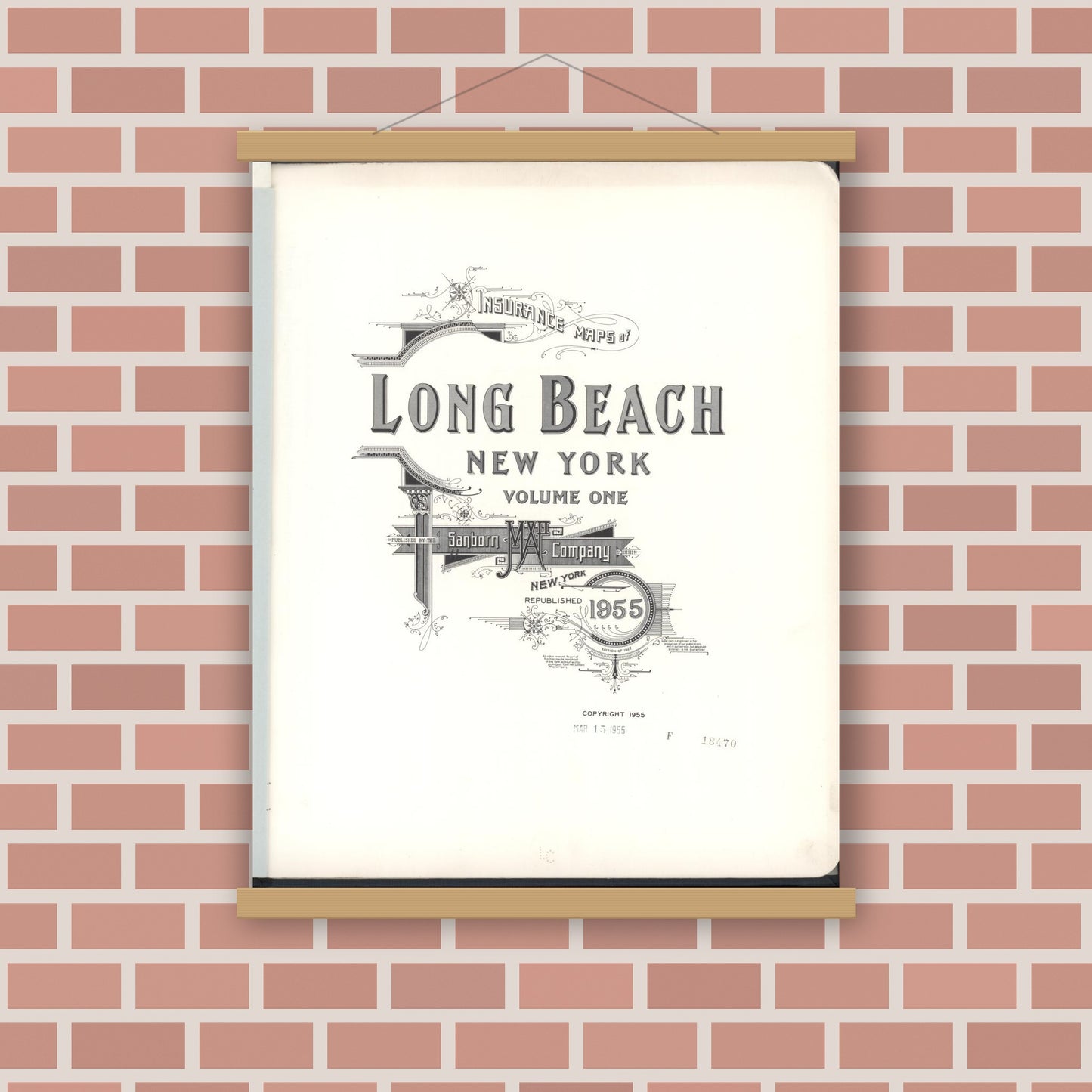 Old map wall art mockup — magnetic wood frame on brick wall — Sanborn Fire Insurance Map from Long Beach, Nassau County, New York (1955), Sheet #0001