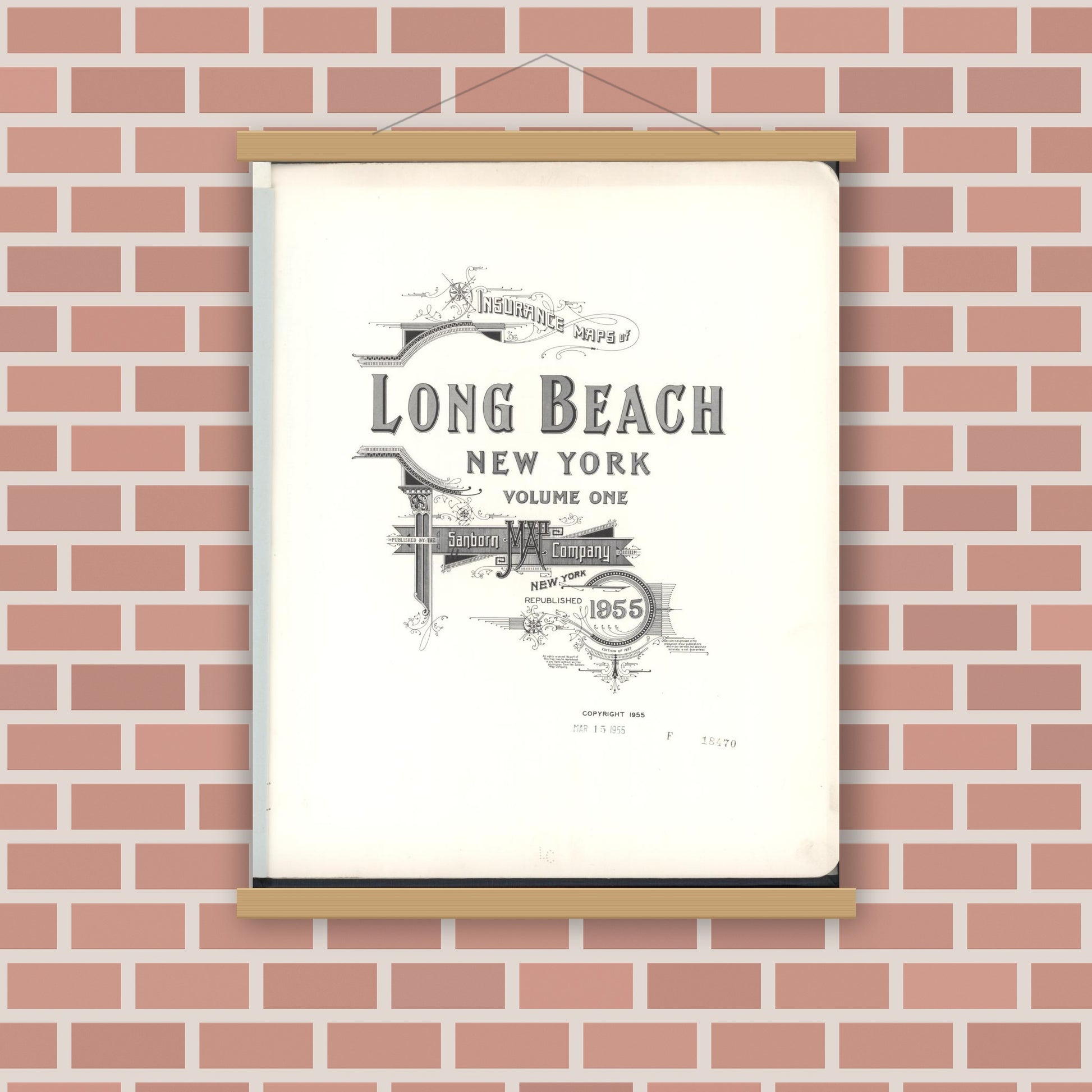 Old map wall art mockup — magnetic wood frame on brick wall — Sanborn Fire Insurance Map from Long Beach, Nassau County, New York (1955), Sheet #0001
