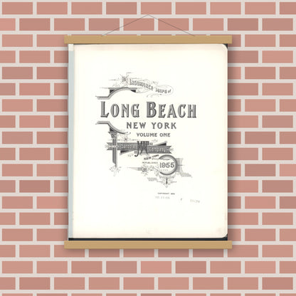 Old map wall art mockup — magnetic wood frame on brick wall — Sanborn Fire Insurance Map from Long Beach, Nassau County, New York (1955), Sheet #0001
