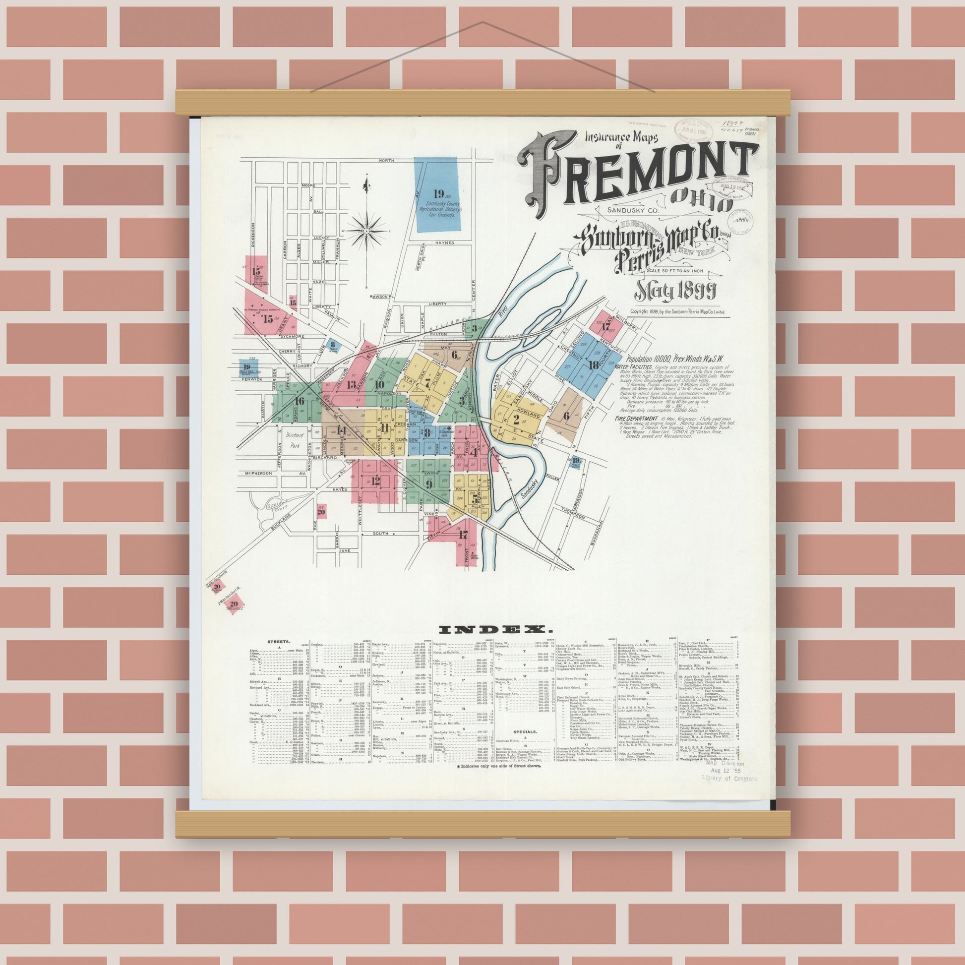 Old map wall art mockup — magnetic wood frame on brick wall — Sanborn Fire Insurance Map from Fremont, Sandusky County, Ohio (1899), Sheet #0001