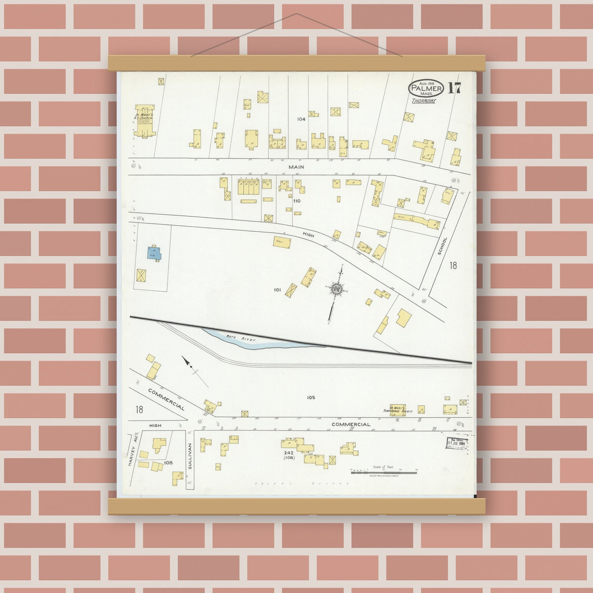 Old map wall art mockup — magnetic wood frame on brick wall — Sanborn Fire Insurance Map from Palmer, Hampden County, Massachusetts (1918), Sheet #0017