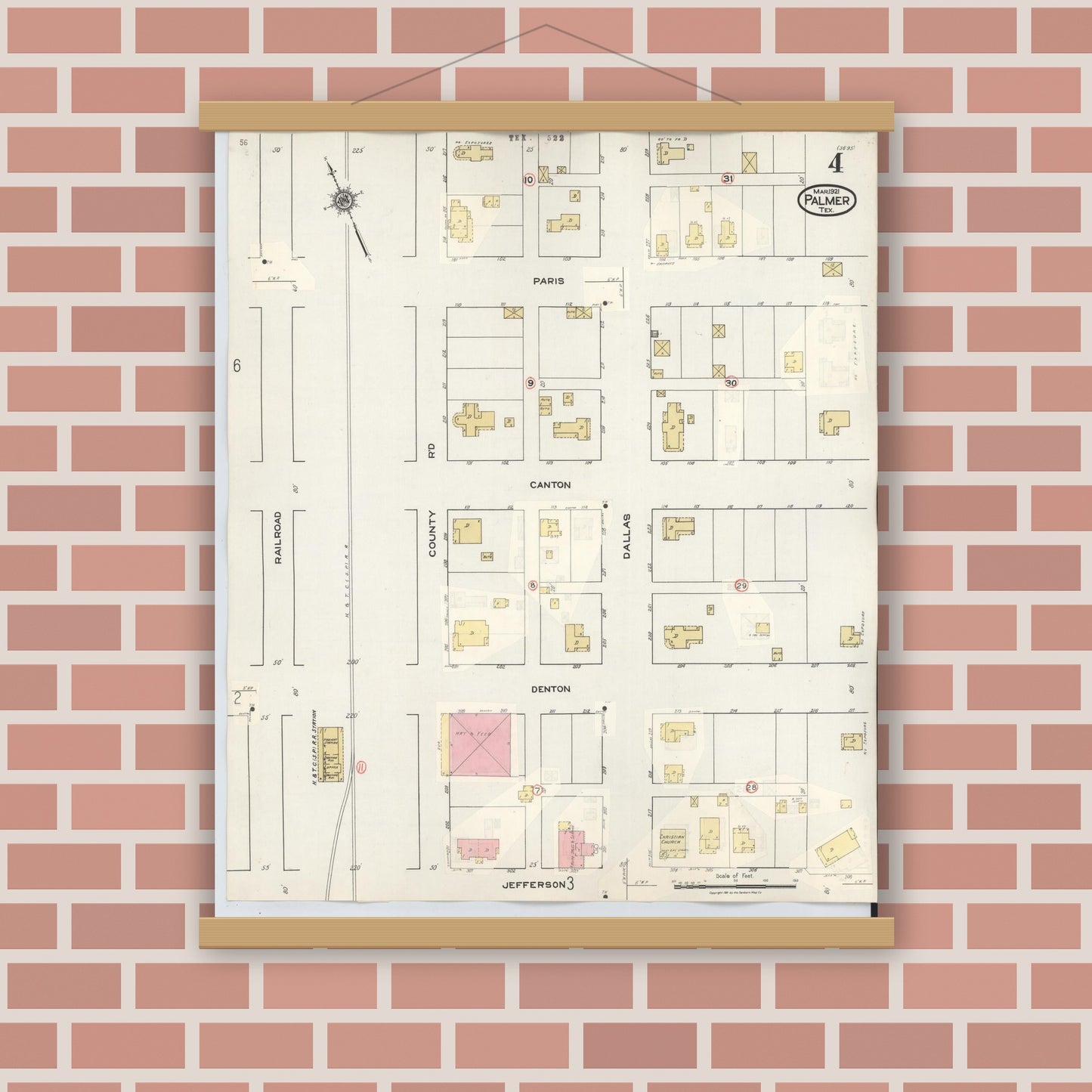 Old map wall art mockup — magnetic wood frame on brick wall — Sanborn Fire Insurance Map from Palmer, Ellis County, Texas (1936), Sheet #0004