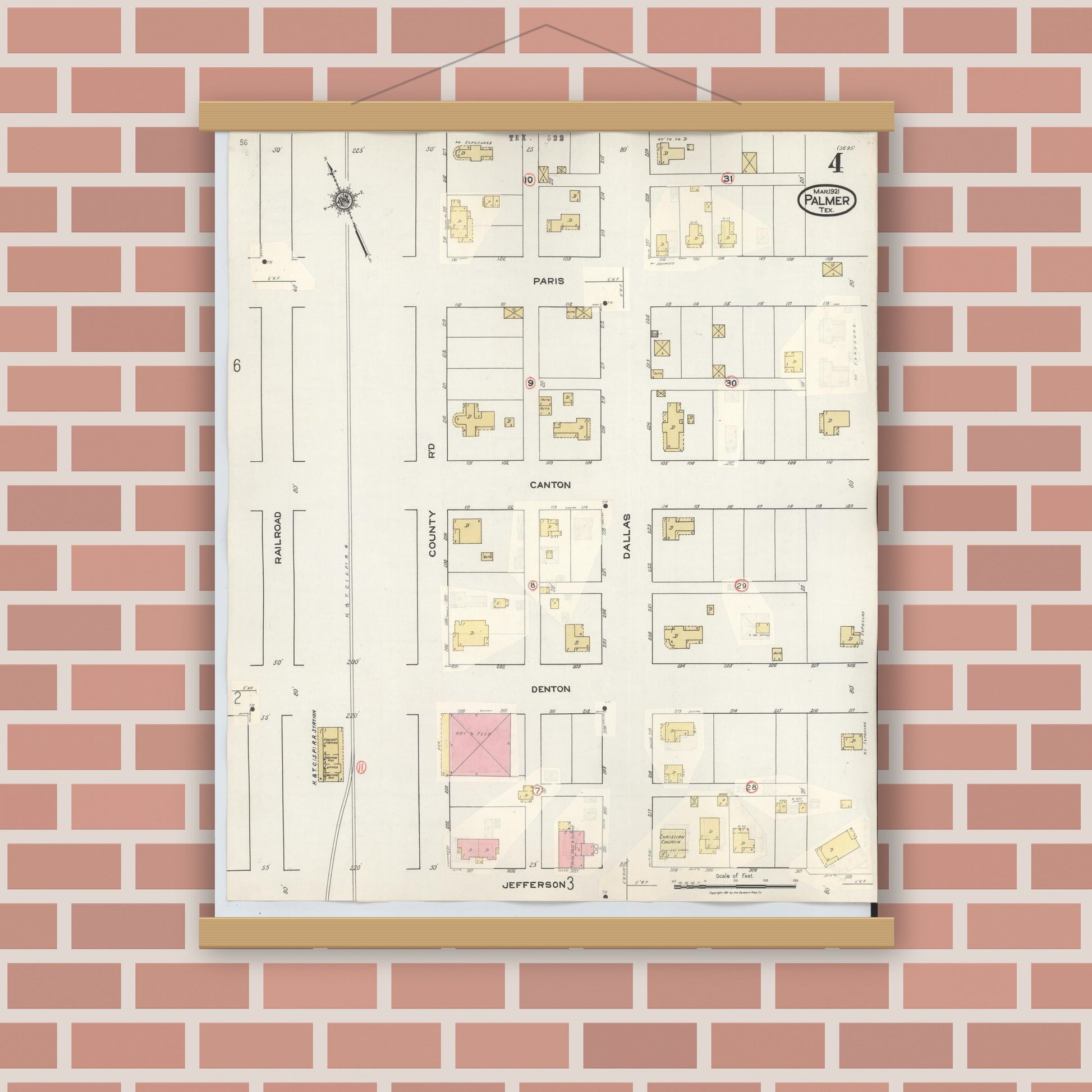 Old map wall art mockup — magnetic wood frame on brick wall — Sanborn Fire Insurance Map from Palmer, Ellis County, Texas (1936), Sheet #0004