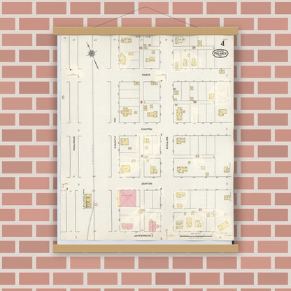 Old map wall art mockup — magnetic wood frame on brick wall — Sanborn Fire Insurance Map from Palmer, Ellis County, Texas (1936), Sheet #0004