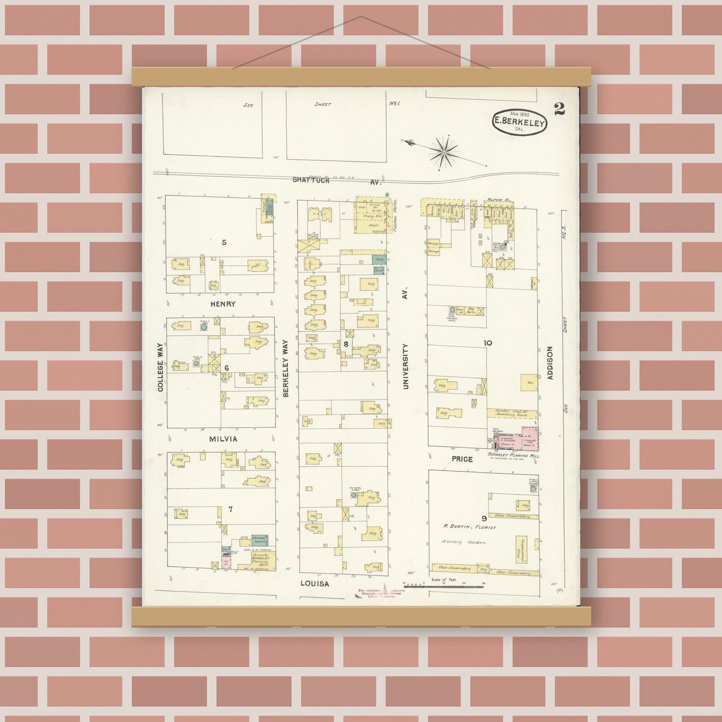 Old map wall art mockup — magnetic wood frame on brick wall — Sanborn Fire Insurance Map from East Berkeley, Alameda County, California (1890), Sheet #0002