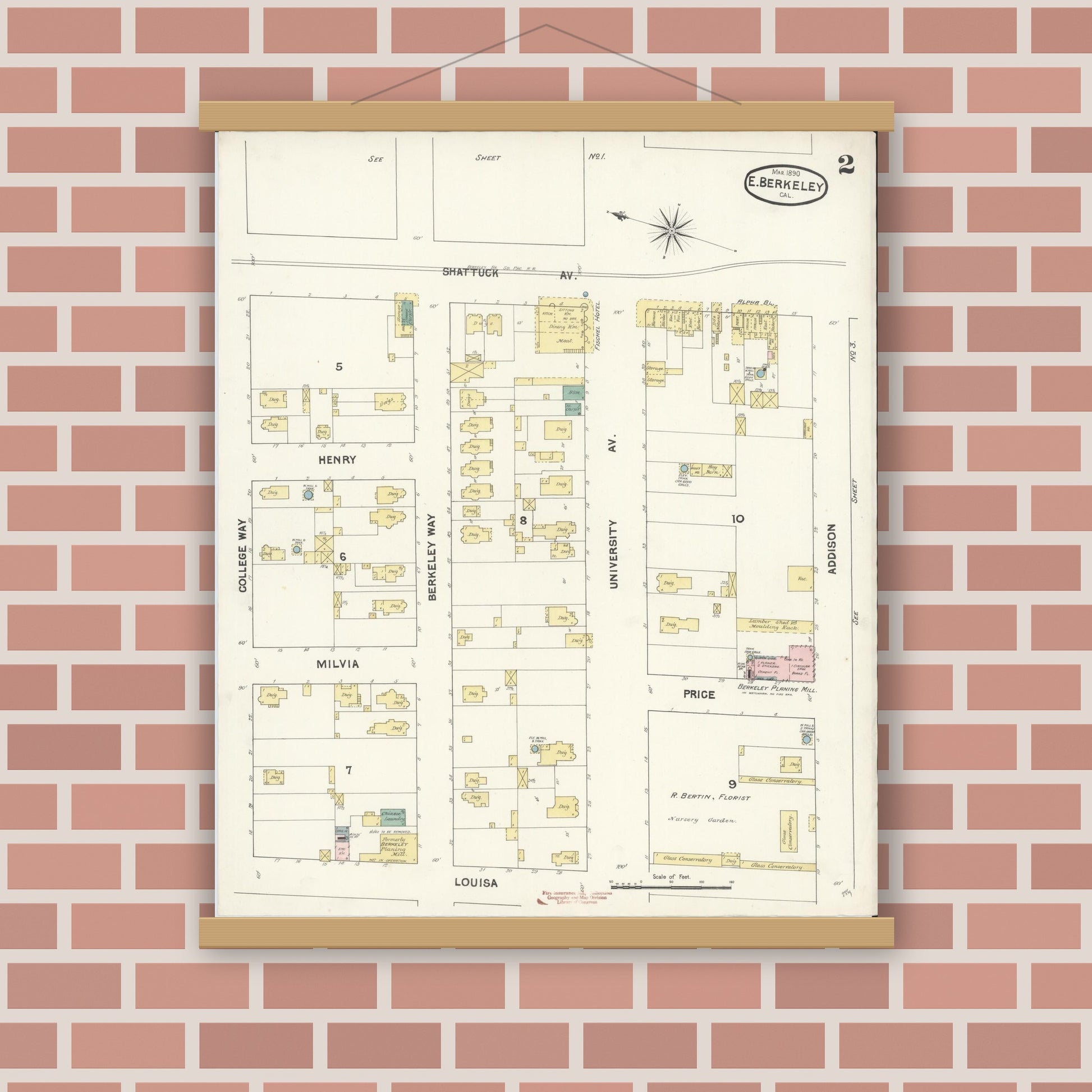 Old map wall art mockup — magnetic wood frame on brick wall — Sanborn Fire Insurance Map from East Berkeley, Alameda County, California (1890), Sheet #0002