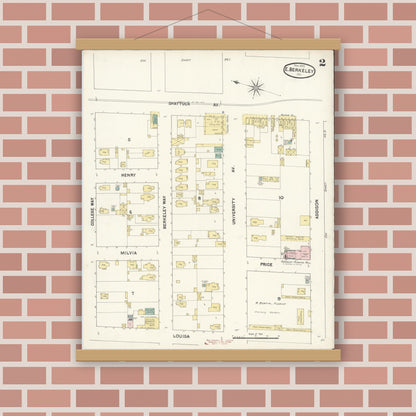 Old map wall art mockup — magnetic wood frame on brick wall — Sanborn Fire Insurance Map from East Berkeley, Alameda County, California (1890), Sheet #0002