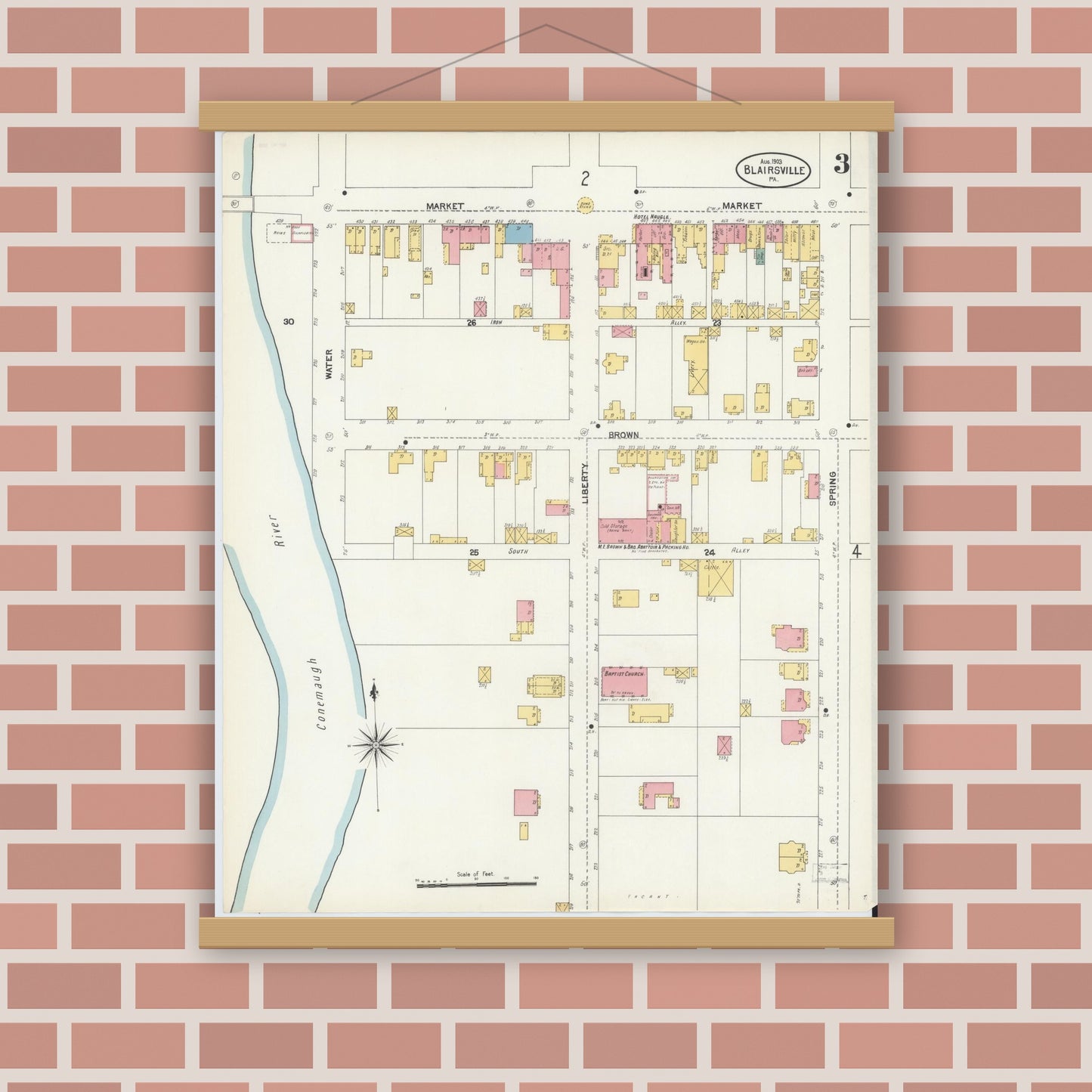 Old map wall art mockup — magnetic wood frame on brick wall — Sanborn Fire Insurance Map from Blairsville, Indiana County, Pennsylvania (1903), Sheet #0003