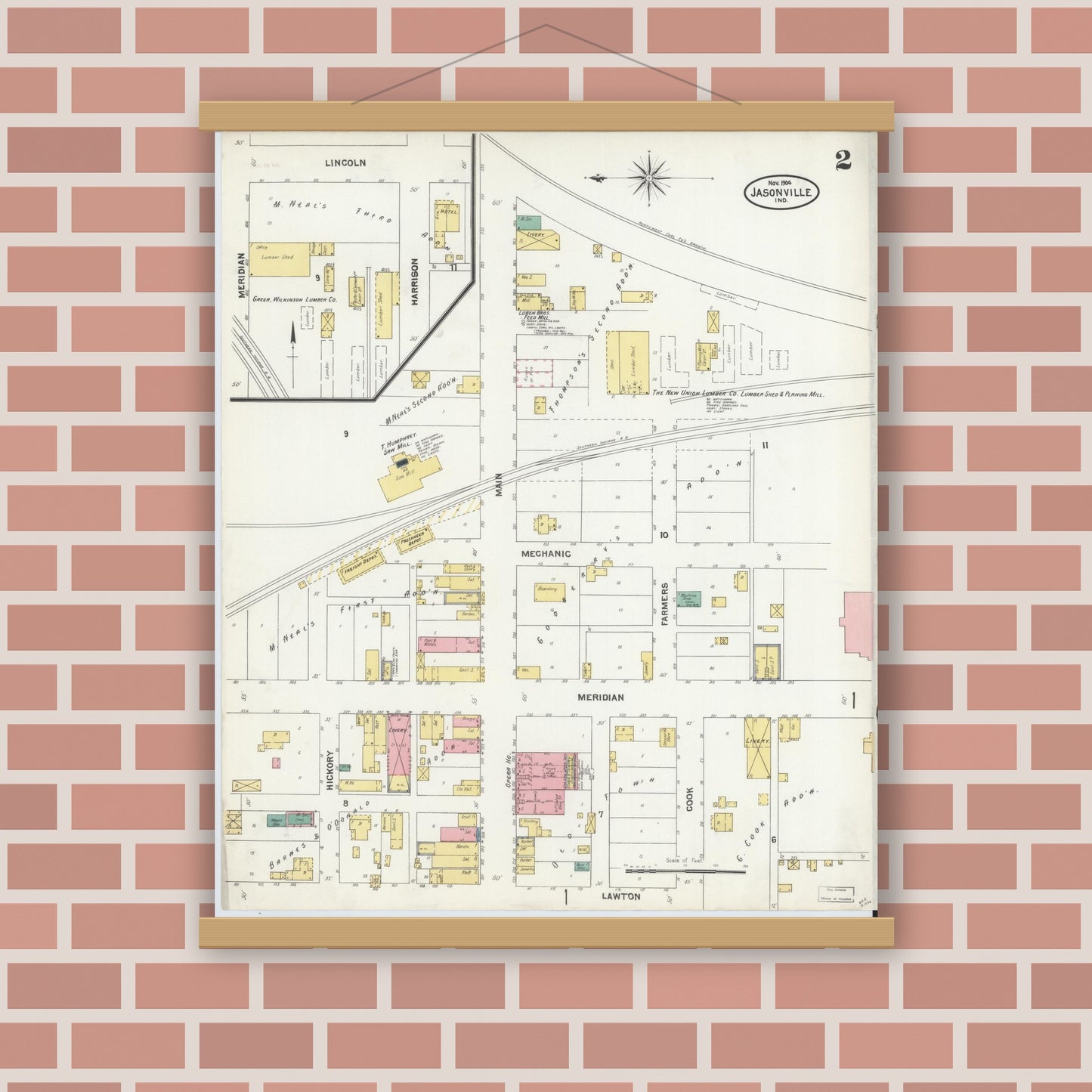 Old map wall art mockup — magnetic wood frame on brick wall — Sanborn Fire Insurance Map from Jasonville, Greene County, Indiana (1904), Sheet #0002