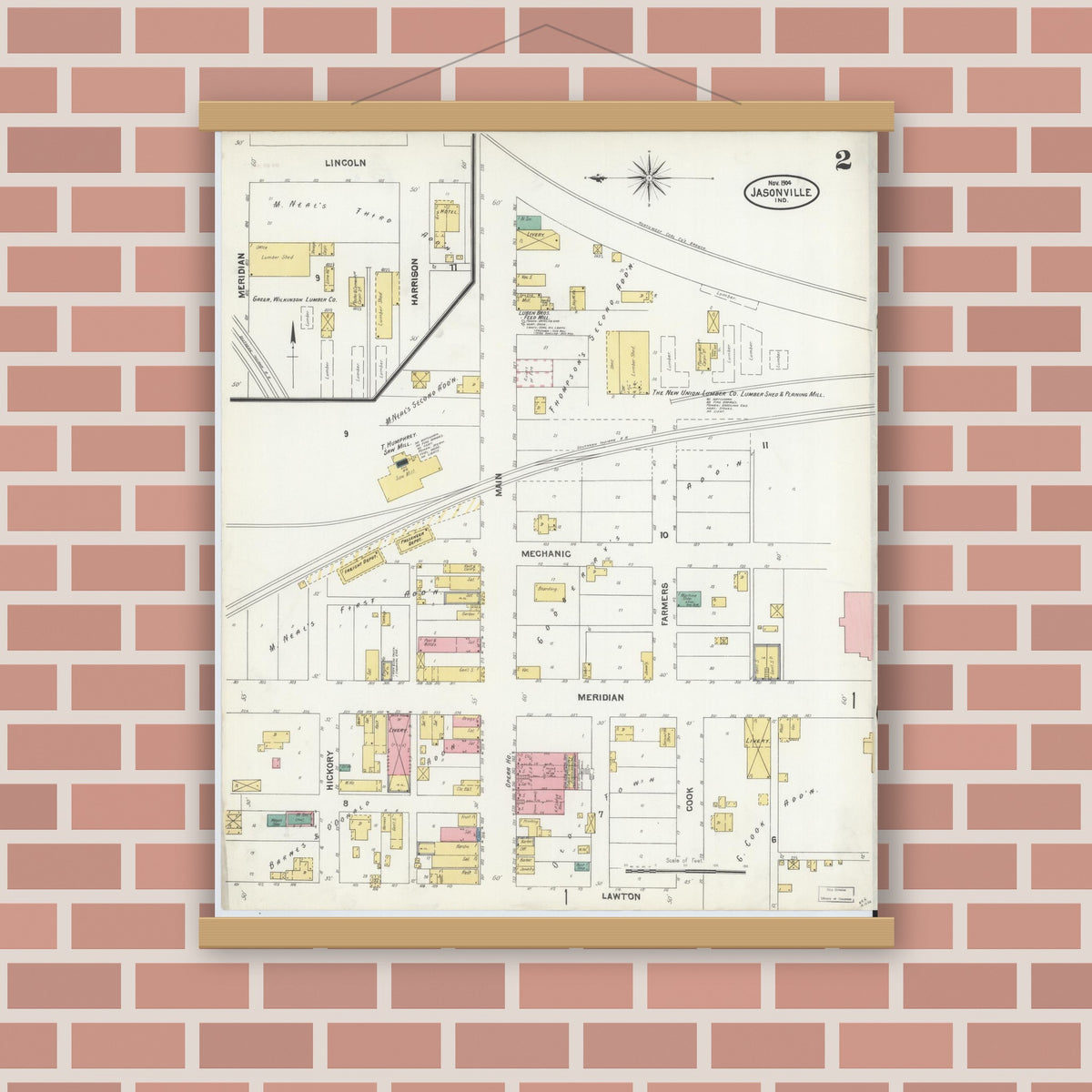 Old map wall art mockup — magnetic wood frame on brick wall — Sanborn Fire Insurance Map from Jasonville, Greene County, Indiana (1904), Sheet #0002