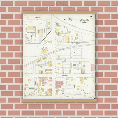 Old map wall art mockup — magnetic wood frame on brick wall — Sanborn Fire Insurance Map from Jasonville, Greene County, Indiana (1904), Sheet #0002