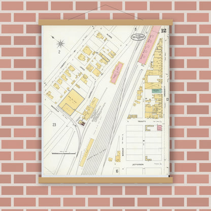 Old map wall art mockup — magnetic wood frame on brick wall — Sanborn Fire Insurance Map from Beaumont, Jefferson County, Texas (1904), Sheet #0012