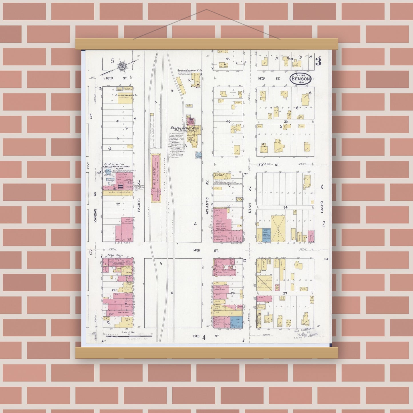 Old map wall art mockup — magnetic wood frame on brick wall — Sanborn Fire Insurance Map from Benson, Swift County, Minnesota (1916), Sheet #0003