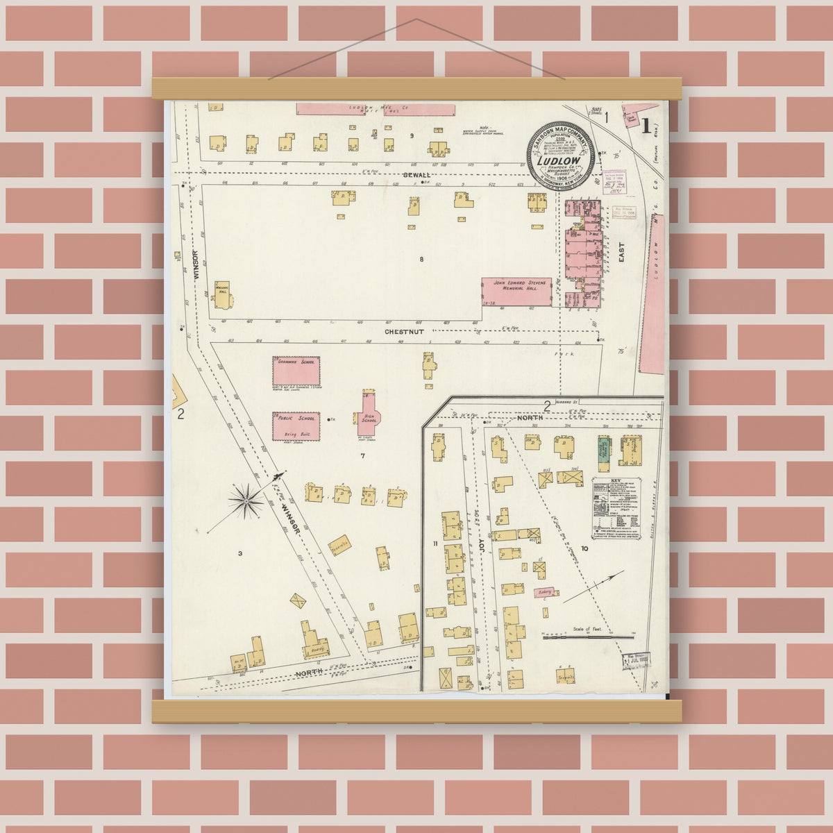 Old map wall art mockup — magnetic wood frame on brick wall — Sanborn Fire Insurance Map from Ludlow, Hampden County, Massachusetts (1906) - Complete Map Set