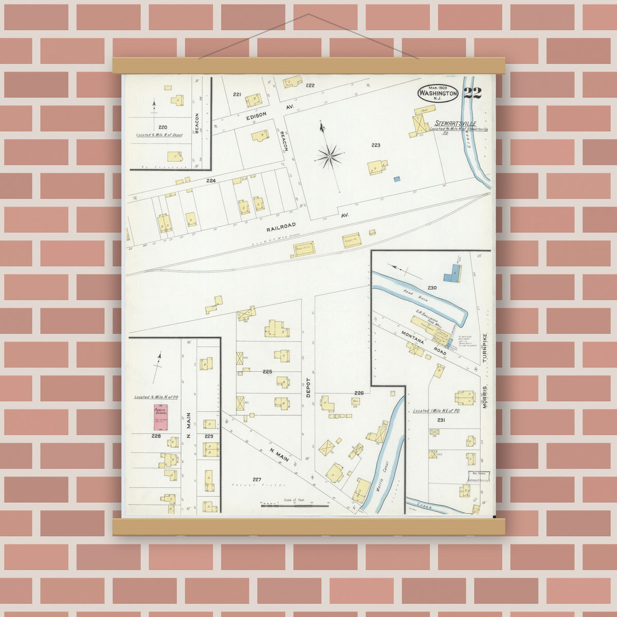 Old map wall art mockup — magnetic wood frame on brick wall — Sanborn Fire Insurance Map from Washington, Warren County, New Jersey (1909), Sheet #0022