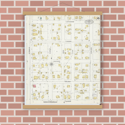 Old map wall art mockup — magnetic wood frame on brick wall — Sanborn Fire Insurance Map from Kirksville, Adair County, Missouri (1898), Sheet #0006