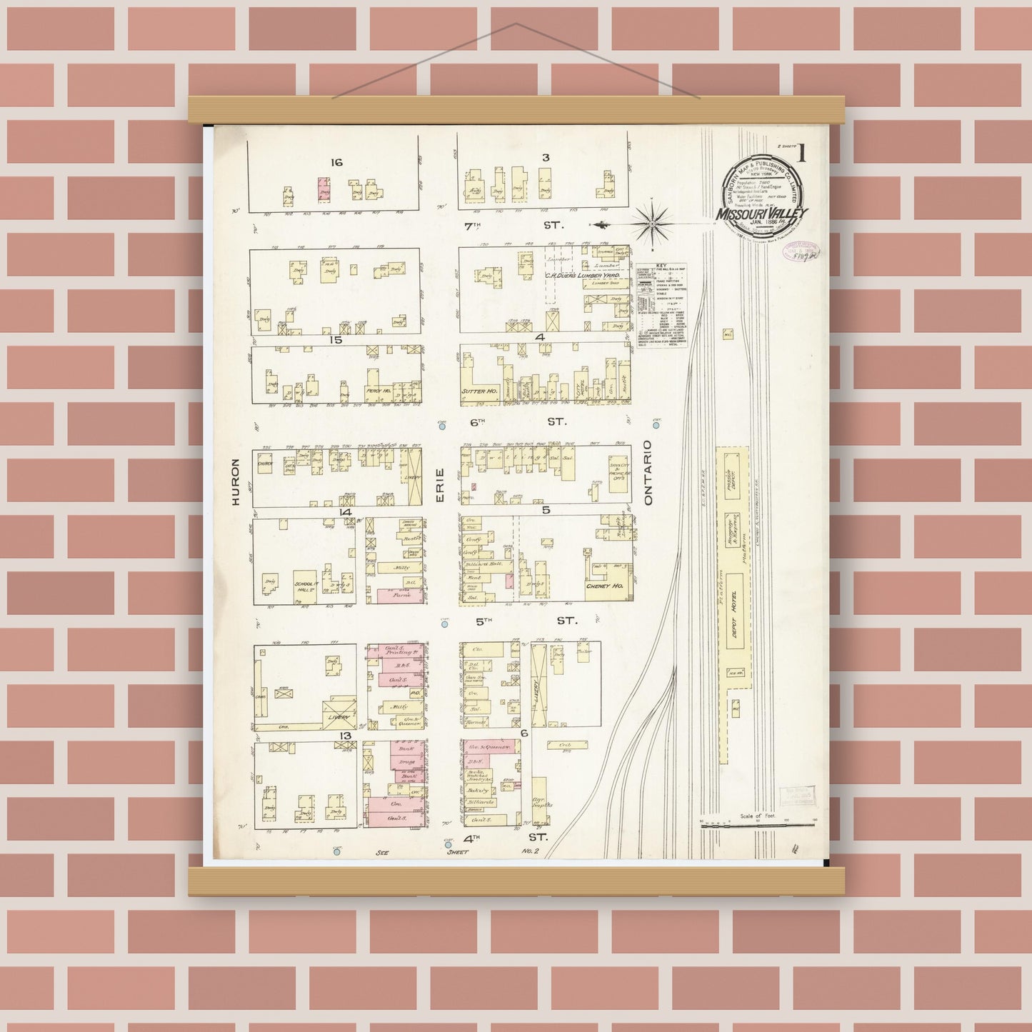 Old map wall art mockup — magnetic wood frame on brick wall — Sanborn Fire Insurance Map from Missouri Valley, Harrison County, Iowa (1886) - Complete Map Set