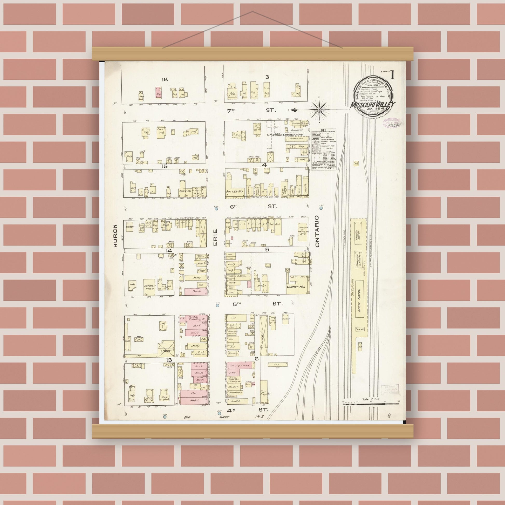Old map wall art mockup — magnetic wood frame on brick wall — Sanborn Fire Insurance Map from Missouri Valley, Harrison County, Iowa (1886) - Complete Map Set