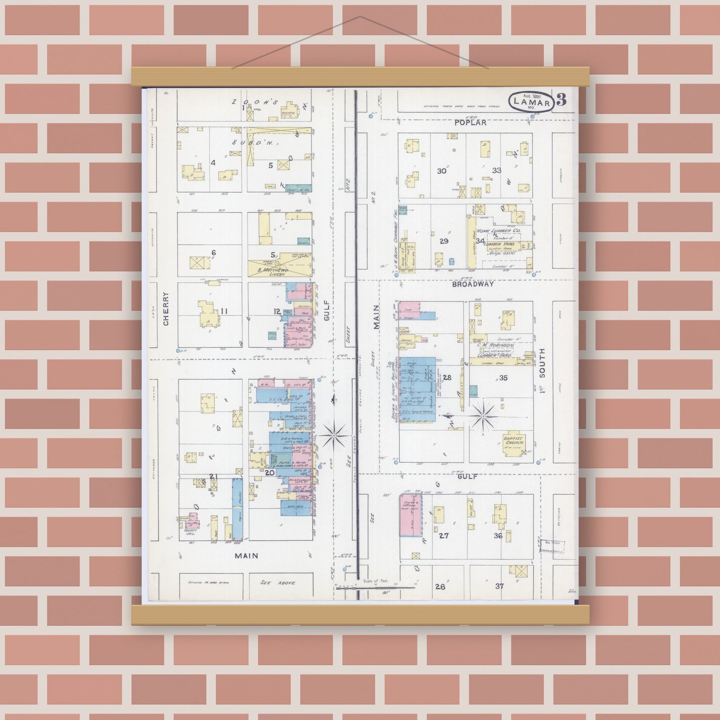 Old map wall art mockup — magnetic wood frame on brick wall — Sanborn Fire Insurance Map from Lamar, Barton County, Missouri (1891), Sheet #0003