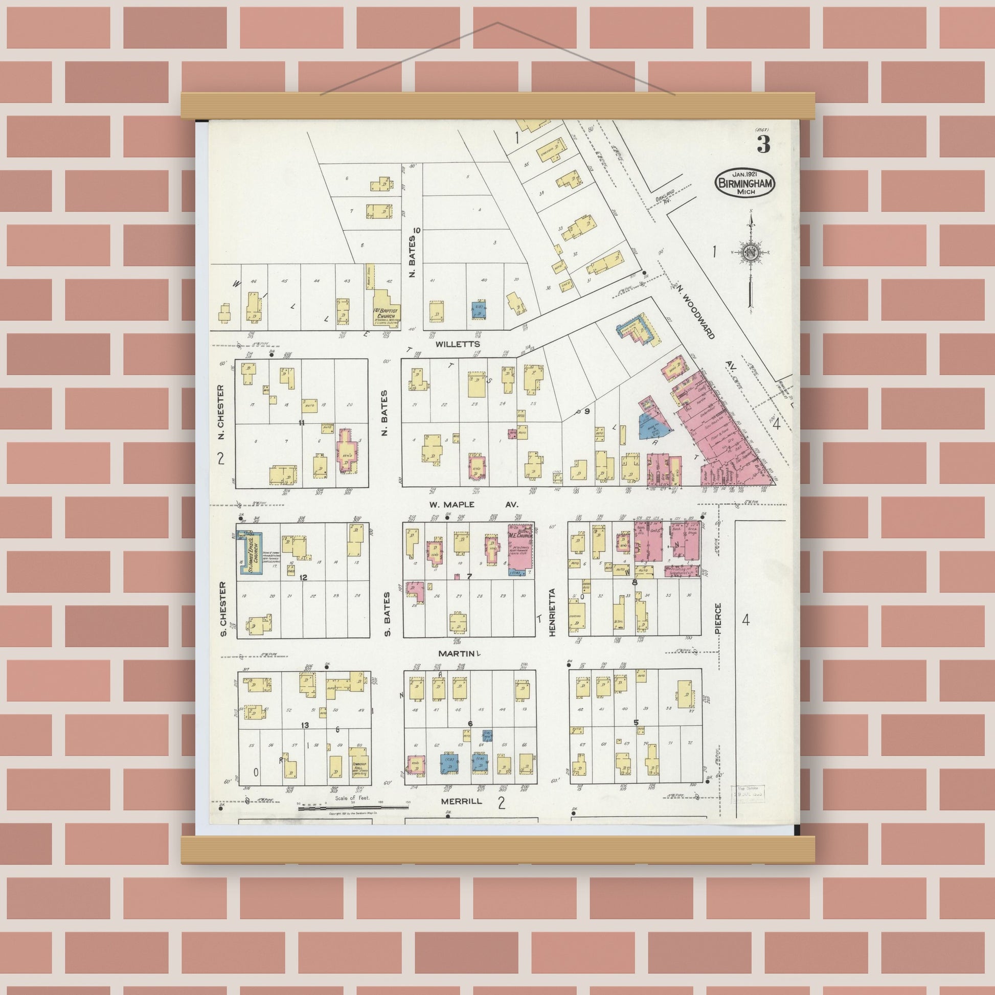 Old map wall art mockup — magnetic wood frame on brick wall — Sanborn Fire Insurance Map from Birmingham, Oakland County, Michigan (1921), Sheet #0003