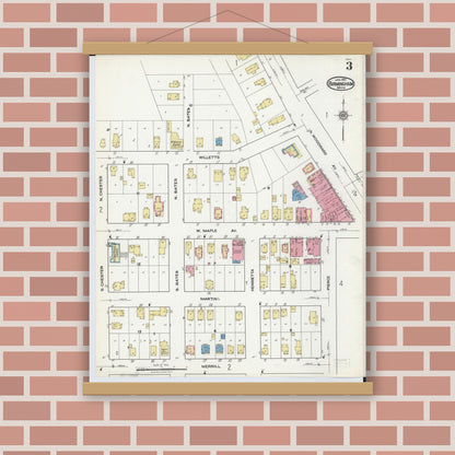 Old map wall art mockup — magnetic wood frame on brick wall — Sanborn Fire Insurance Map from Birmingham, Oakland County, Michigan (1921), Sheet #0003