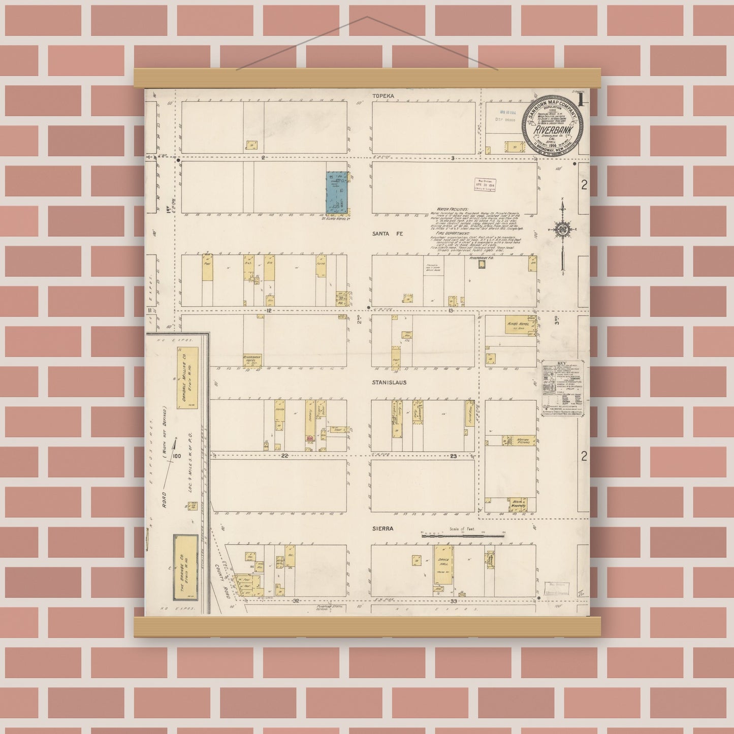 Old map wall art mockup — magnetic wood frame on brick wall — Sanborn Fire Insurance Map from Riverbank, Stanislaus County, California (1914) - Complete Map Set
