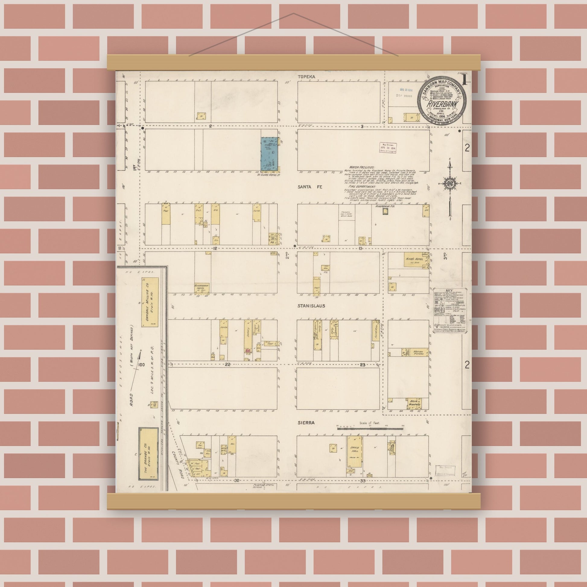 Old map wall art mockup — magnetic wood frame on brick wall — Sanborn Fire Insurance Map from Riverbank, Stanislaus County, California (1914) - Complete Map Set