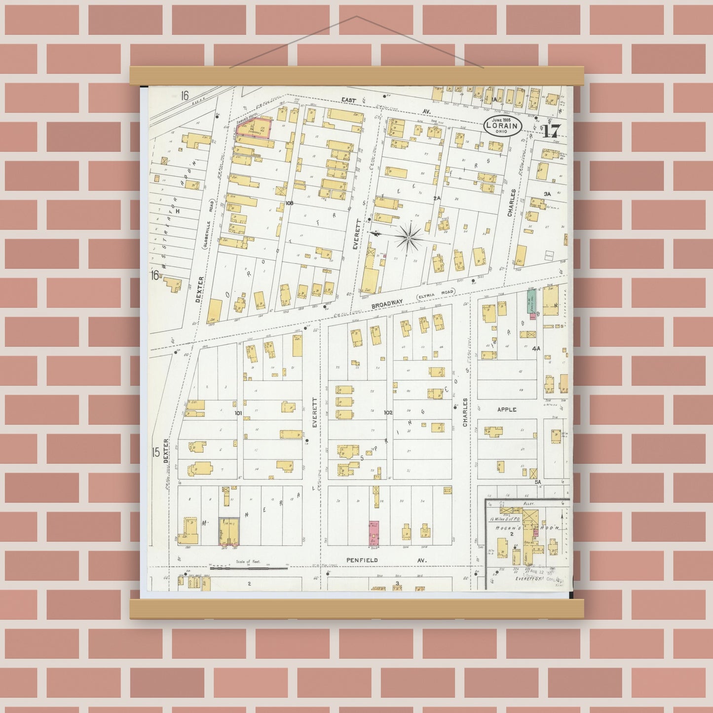 Old map wall art mockup — magnetic wood frame on brick wall — Sanborn Fire Insurance Map from Lorain, Lorain County, Ohio (1905), Sheet #0017