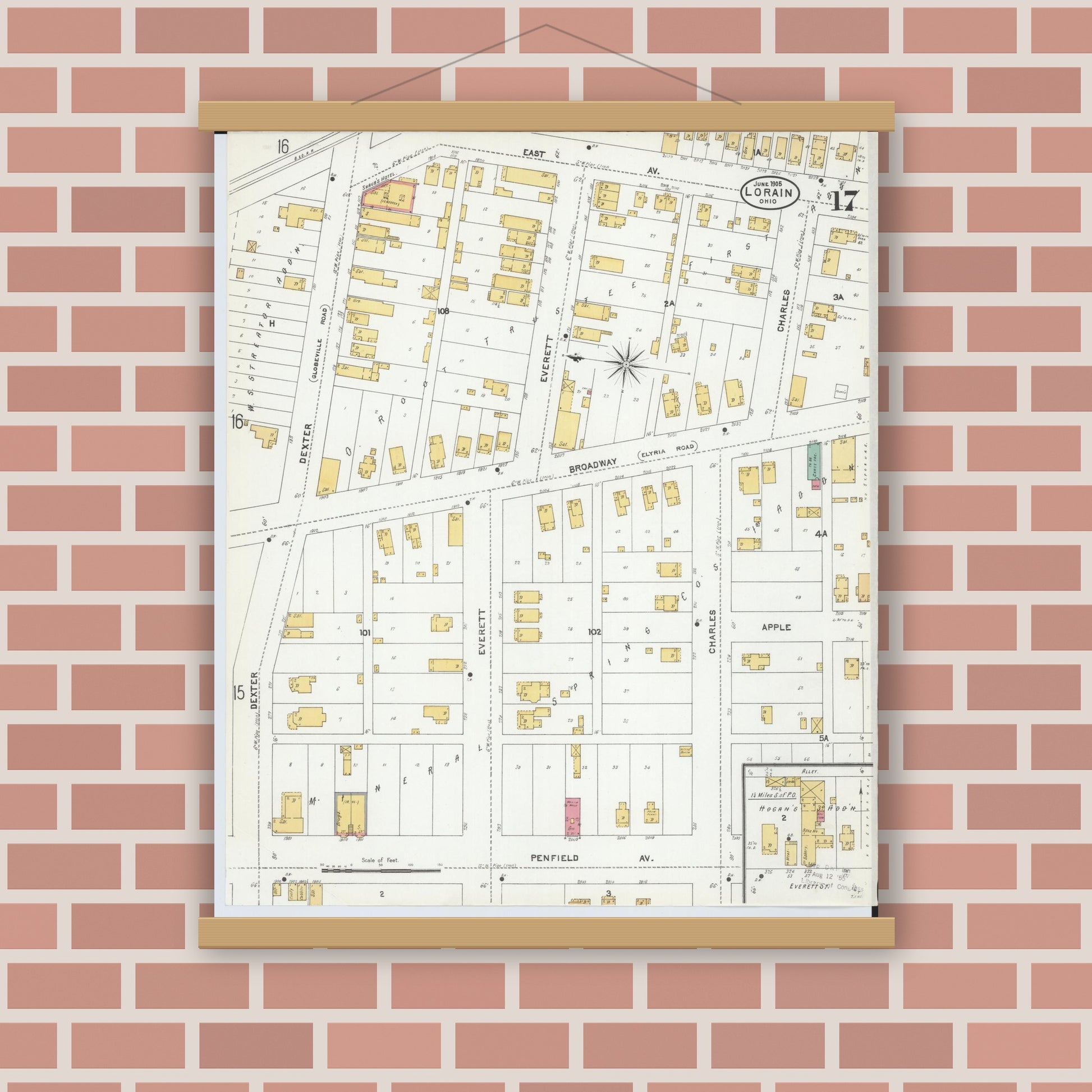 Old map wall art mockup — magnetic wood frame on brick wall — Sanborn Fire Insurance Map from Lorain, Lorain County, Ohio (1905), Sheet #0017