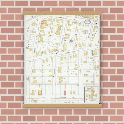 Old map wall art mockup — magnetic wood frame on brick wall — Sanborn Fire Insurance Map from Lorain, Lorain County, Ohio (1905), Sheet #0017