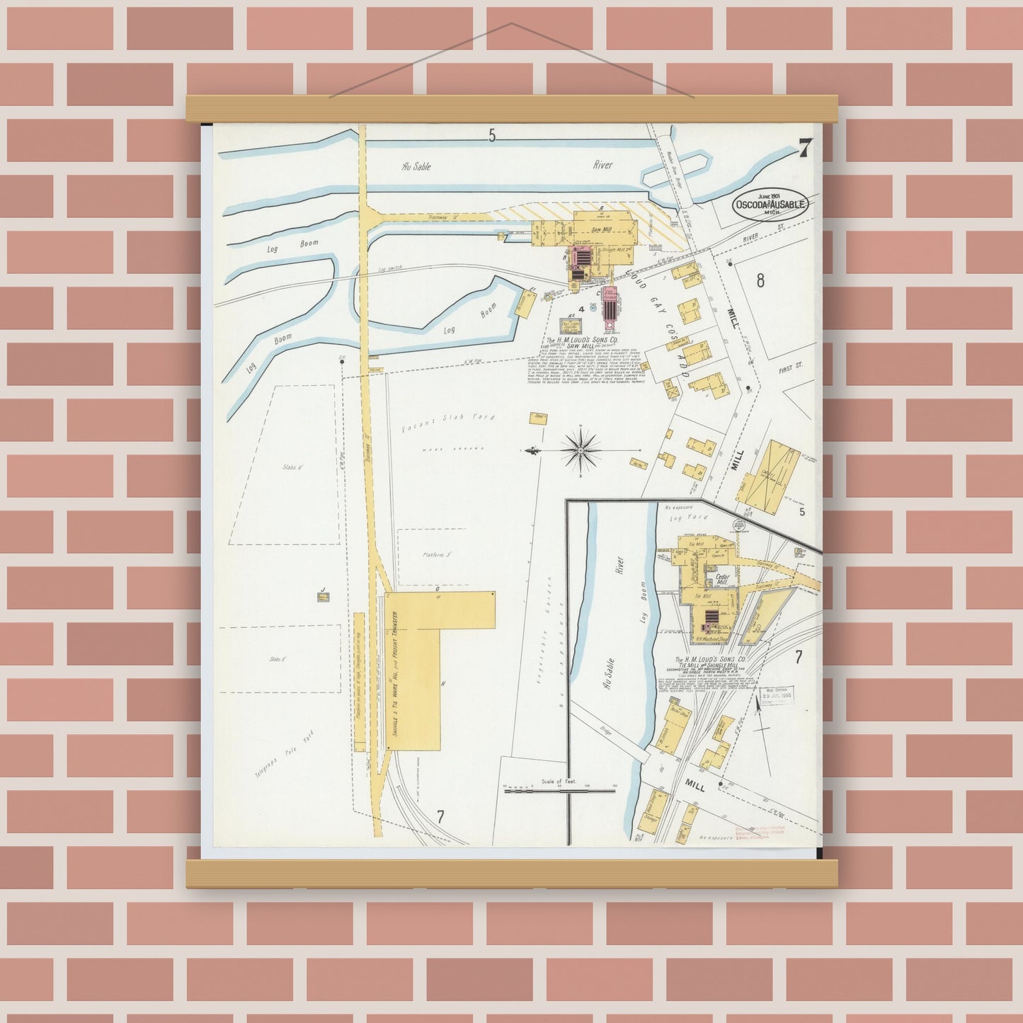 Old map wall art mockup — magnetic wood frame on brick wall — Sanborn Fire Insurance Map from Oscoda, Iosco County, Michigan (1901), Sheet #0007
