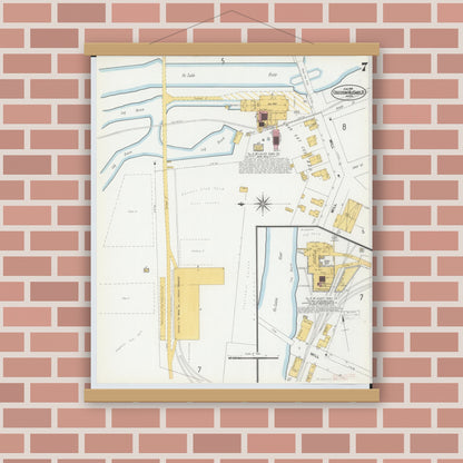 Old map wall art mockup — magnetic wood frame on brick wall — Sanborn Fire Insurance Map from Oscoda, Iosco County, Michigan (1901), Sheet #0007