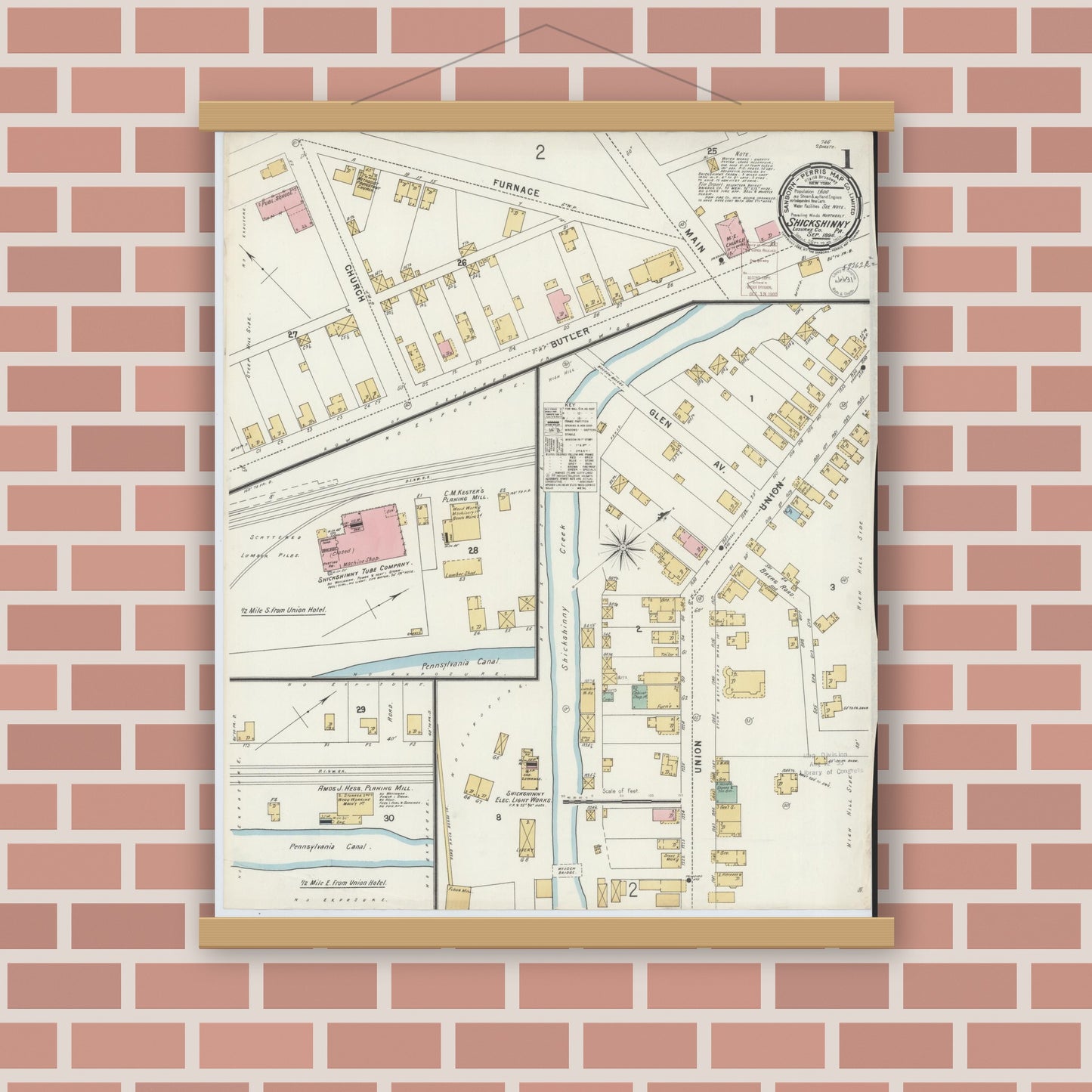 Old map wall art mockup — magnetic wood frame on brick wall — Sanborn Fire Insurance Map from Shickshinny, Luzerne County, Pennsylvania (1896) - Complete Map Set