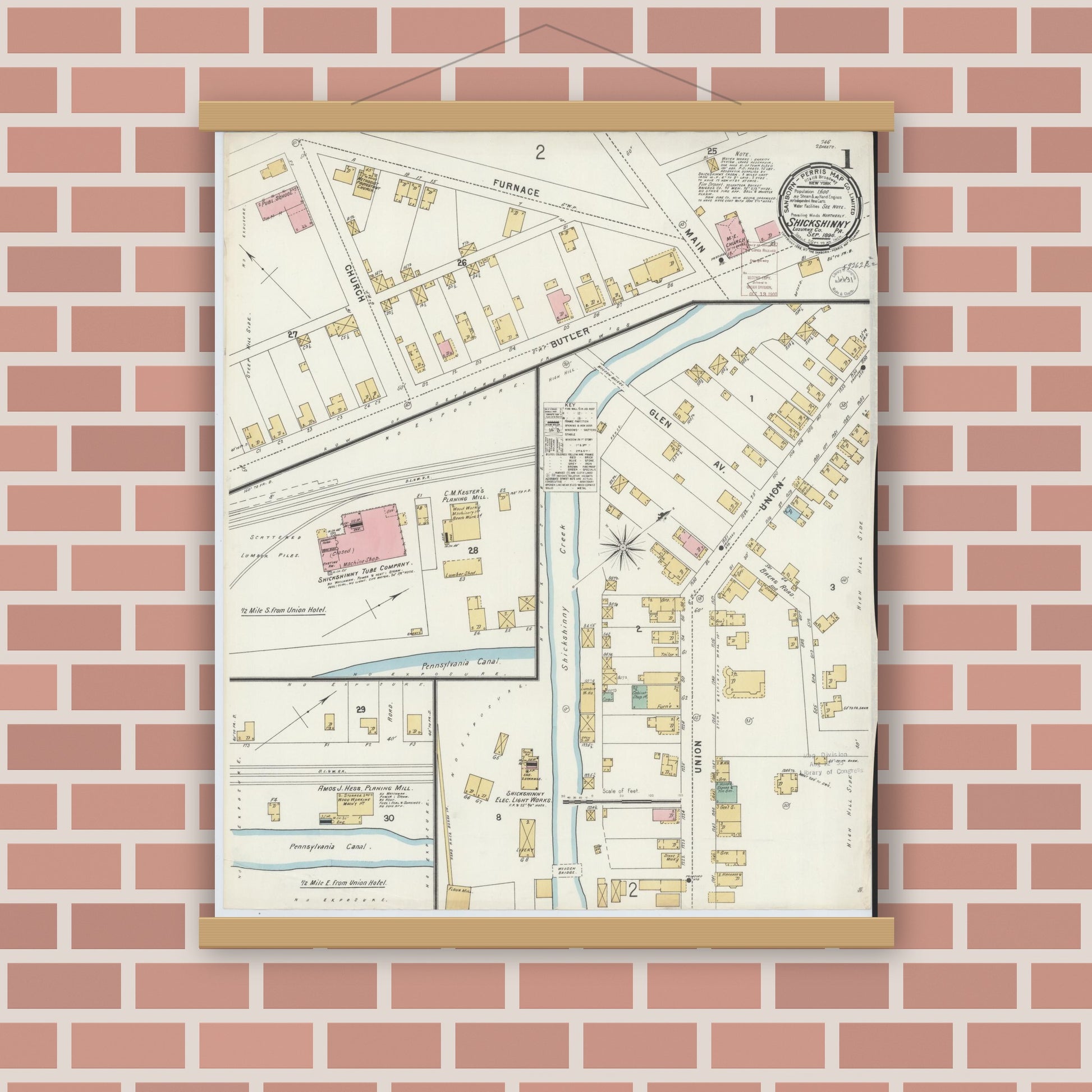 Old map wall art mockup — magnetic wood frame on brick wall — Sanborn Fire Insurance Map from Shickshinny, Luzerne County, Pennsylvania (1896) - Complete Map Set
