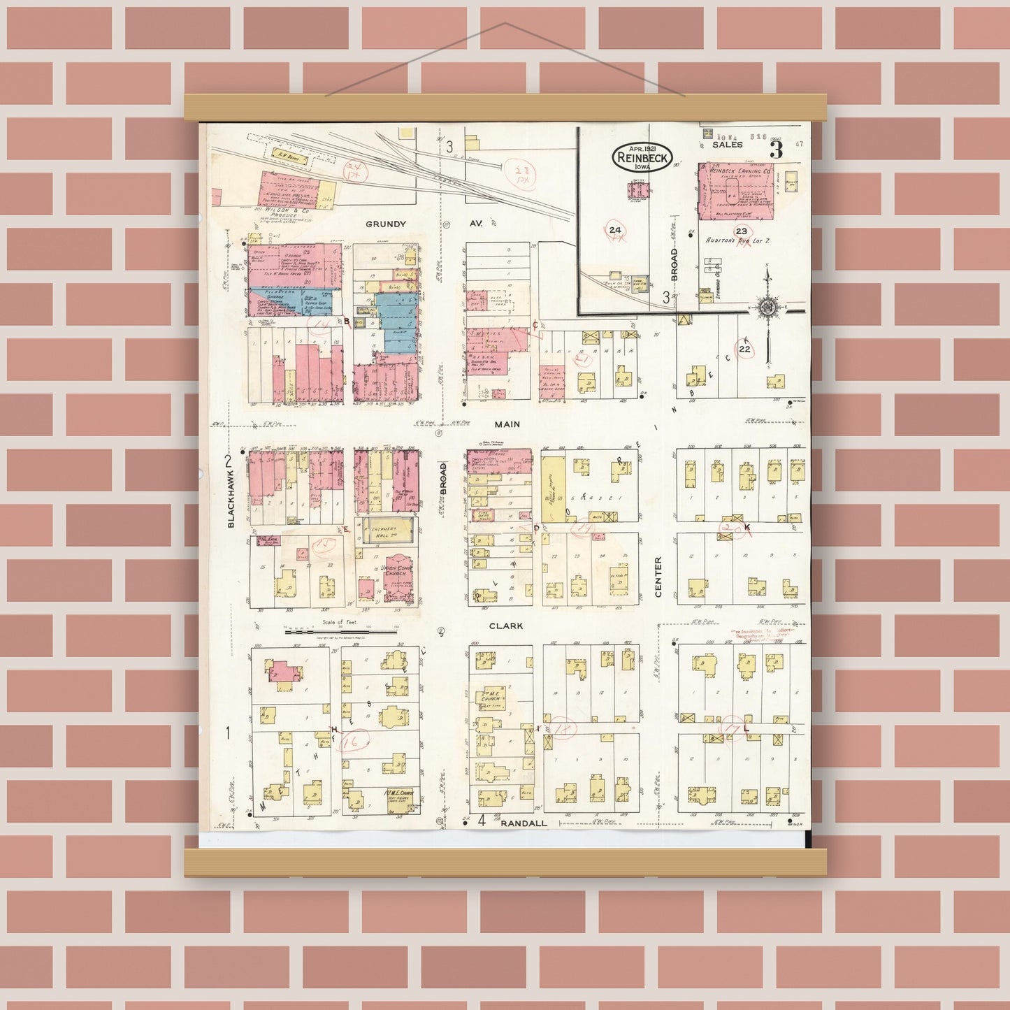 Old map wall art mockup — magnetic wood frame on brick wall — Sanborn Fire Insurance Map from Reinbeck, Grundy County, Iowa (1935), Sheet #0003