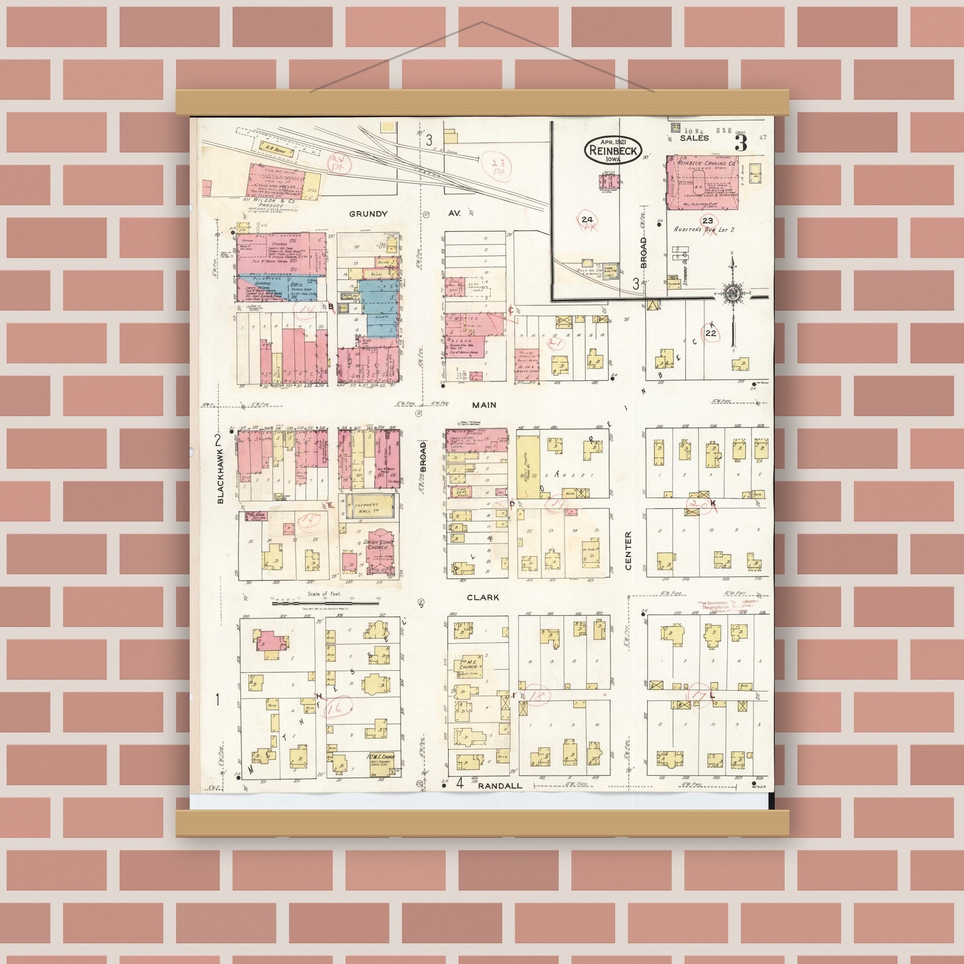 Old map wall art mockup — magnetic wood frame on brick wall — Sanborn Fire Insurance Map from Reinbeck, Grundy County, Iowa (1935), Sheet #0003