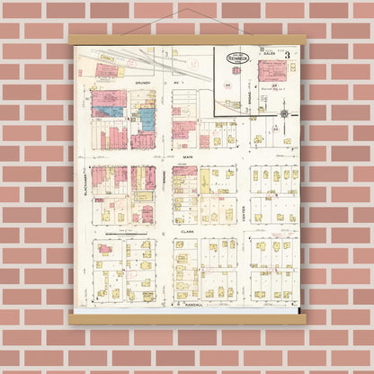 Old map wall art mockup — magnetic wood frame on brick wall — Sanborn Fire Insurance Map from Reinbeck, Grundy County, Iowa (1935), Sheet #0003