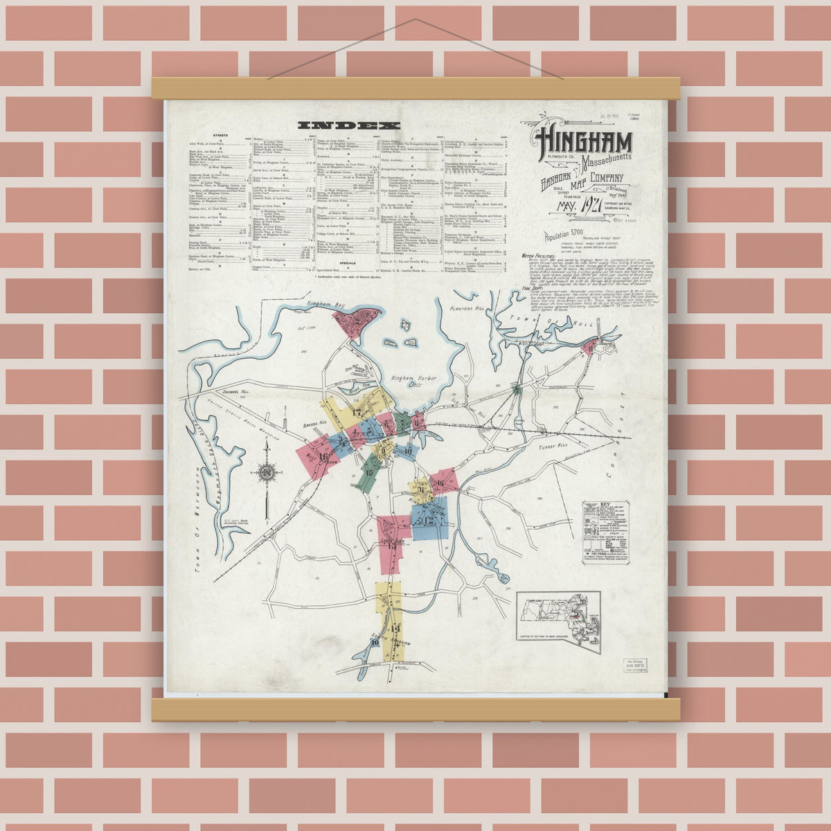 Old map wall art mockup — magnetic wood frame on brick wall — Sanborn Fire Insurance Map from Hingham, Plymouth County, Massachusetts (1921), Sheet #0001