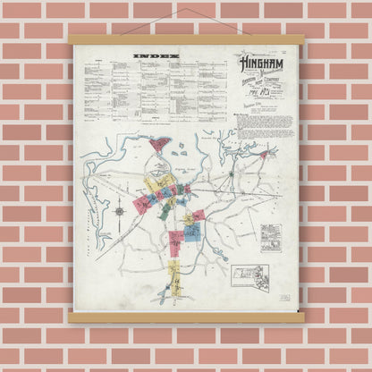 Old map wall art mockup — magnetic wood frame on brick wall — Sanborn Fire Insurance Map from Hingham, Plymouth County, Massachusetts (1921), Sheet #0001
