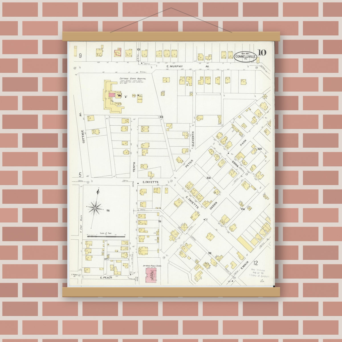Old map wall art mockup — magnetic wood frame on brick wall — Sanborn Fire Insurance Map from Connellsville, Fayette County, Pennsylvania (1908), Sheet #0010