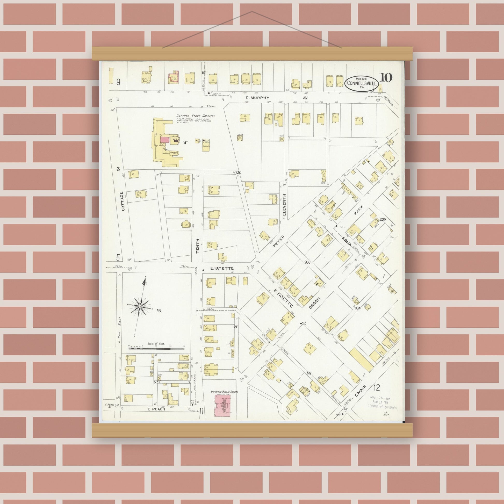 Old map wall art mockup — magnetic wood frame on brick wall — Sanborn Fire Insurance Map from Connellsville, Fayette County, Pennsylvania (1908), Sheet #0010