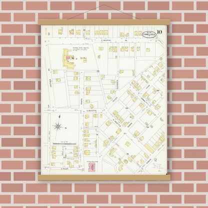 Old map wall art mockup — magnetic wood frame on brick wall — Sanborn Fire Insurance Map from Connellsville, Fayette County, Pennsylvania (1908), Sheet #0010