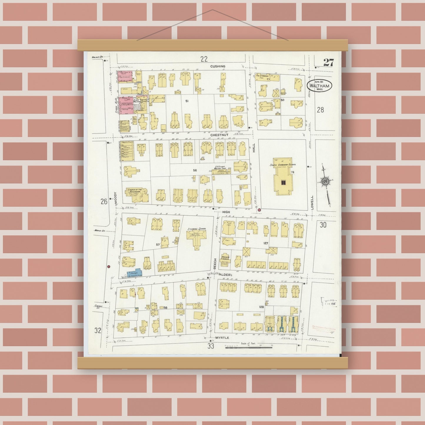 Old map wall art mockup — magnetic wood frame on brick wall — Sanborn Fire Insurance Map from Waltham, Middlesex County, Massachusetts (1911), Sheet #0027