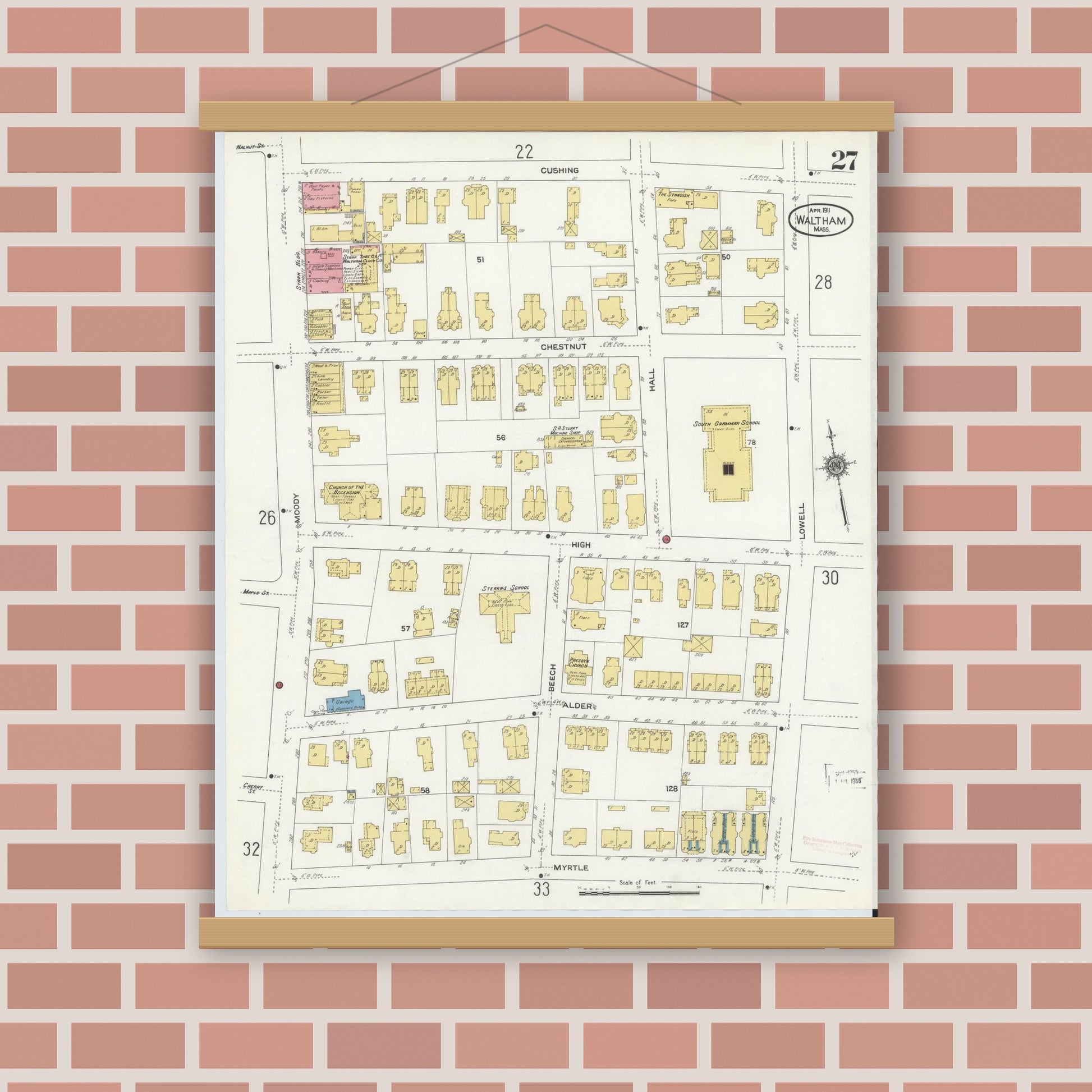 Old map wall art mockup — magnetic wood frame on brick wall — Sanborn Fire Insurance Map from Waltham, Middlesex County, Massachusetts (1911), Sheet #0027