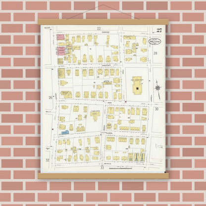 Old map wall art mockup — magnetic wood frame on brick wall — Sanborn Fire Insurance Map from Waltham, Middlesex County, Massachusetts (1911), Sheet #0027