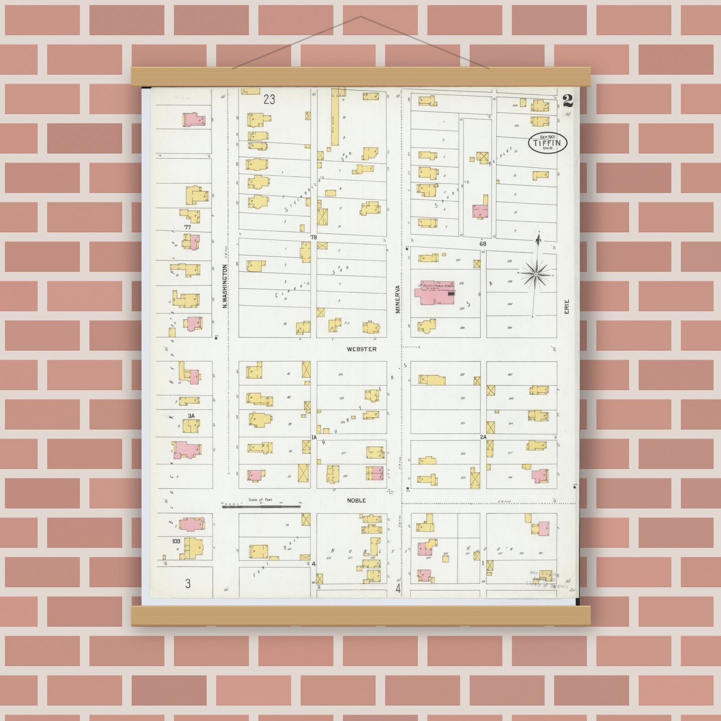 Old map wall art mockup — magnetic wood frame on brick wall — Sanborn Fire Insurance Map from Tiffin, Seneca County, Ohio (1901), Sheet #0002