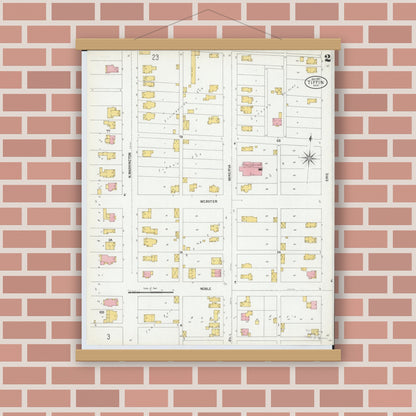 Old map wall art mockup — magnetic wood frame on brick wall — Sanborn Fire Insurance Map from Tiffin, Seneca County, Ohio (1901), Sheet #0002