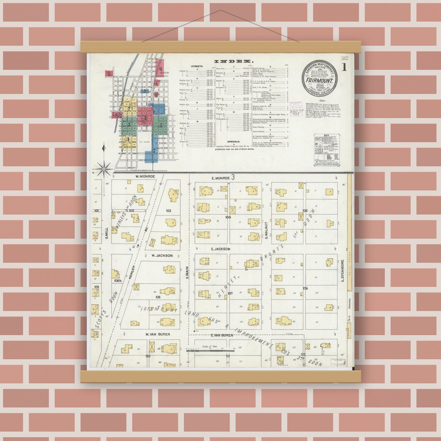 Old map wall art mockup — magnetic wood frame on brick wall — Sanborn Fire Insurance Map from Fairmount, Grant County, Indiana (1902) - Complete Map Set
