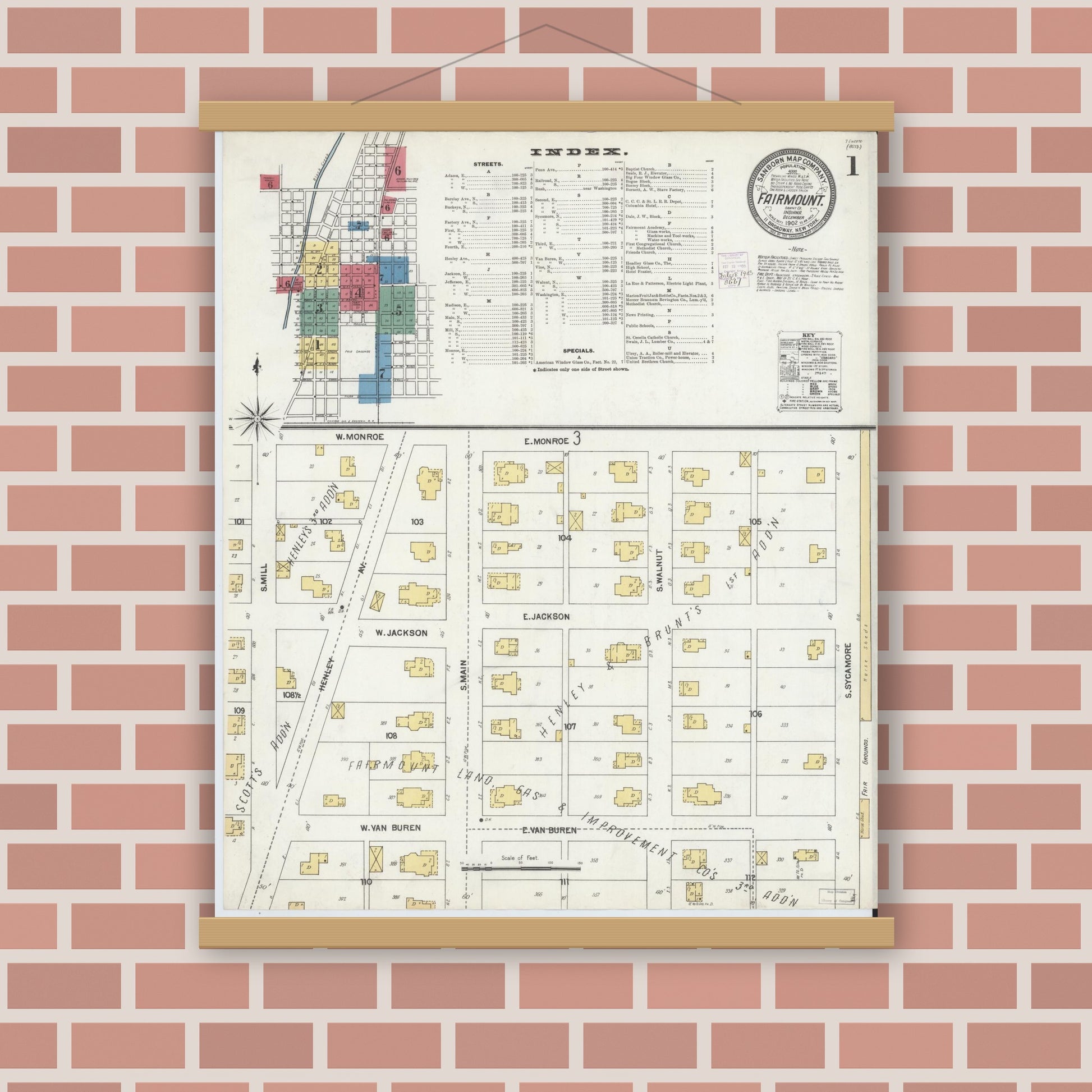 Old map wall art mockup — magnetic wood frame on brick wall — Sanborn Fire Insurance Map from Fairmount, Grant County, Indiana (1902) - Complete Map Set