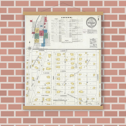 Old map wall art mockup — magnetic wood frame on brick wall — Sanborn Fire Insurance Map from Fairmount, Grant County, Indiana (1902) - Complete Map Set